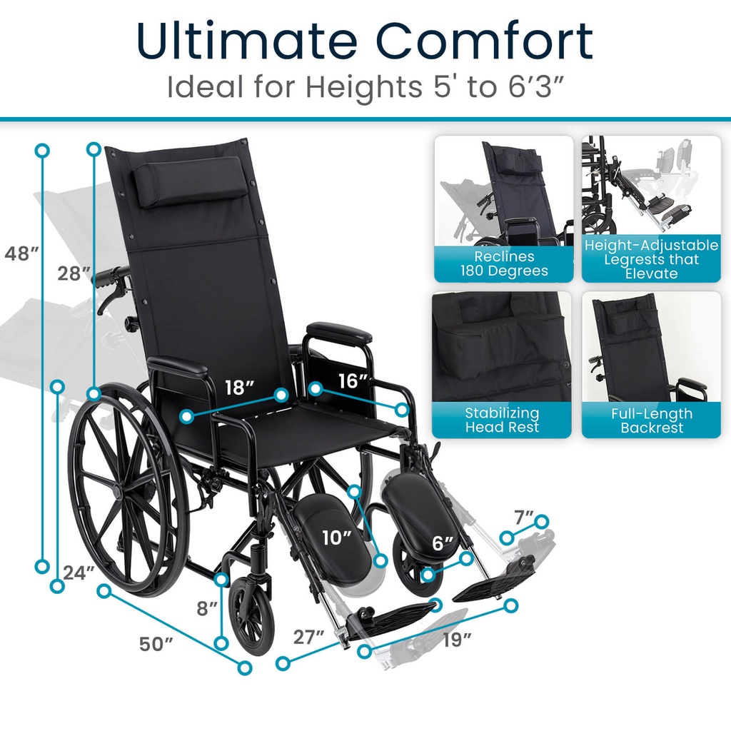 Reclining Wheelchair With Headrest (16"-18"-20", 300 lbs) VIVE MOB1103 - Image 4