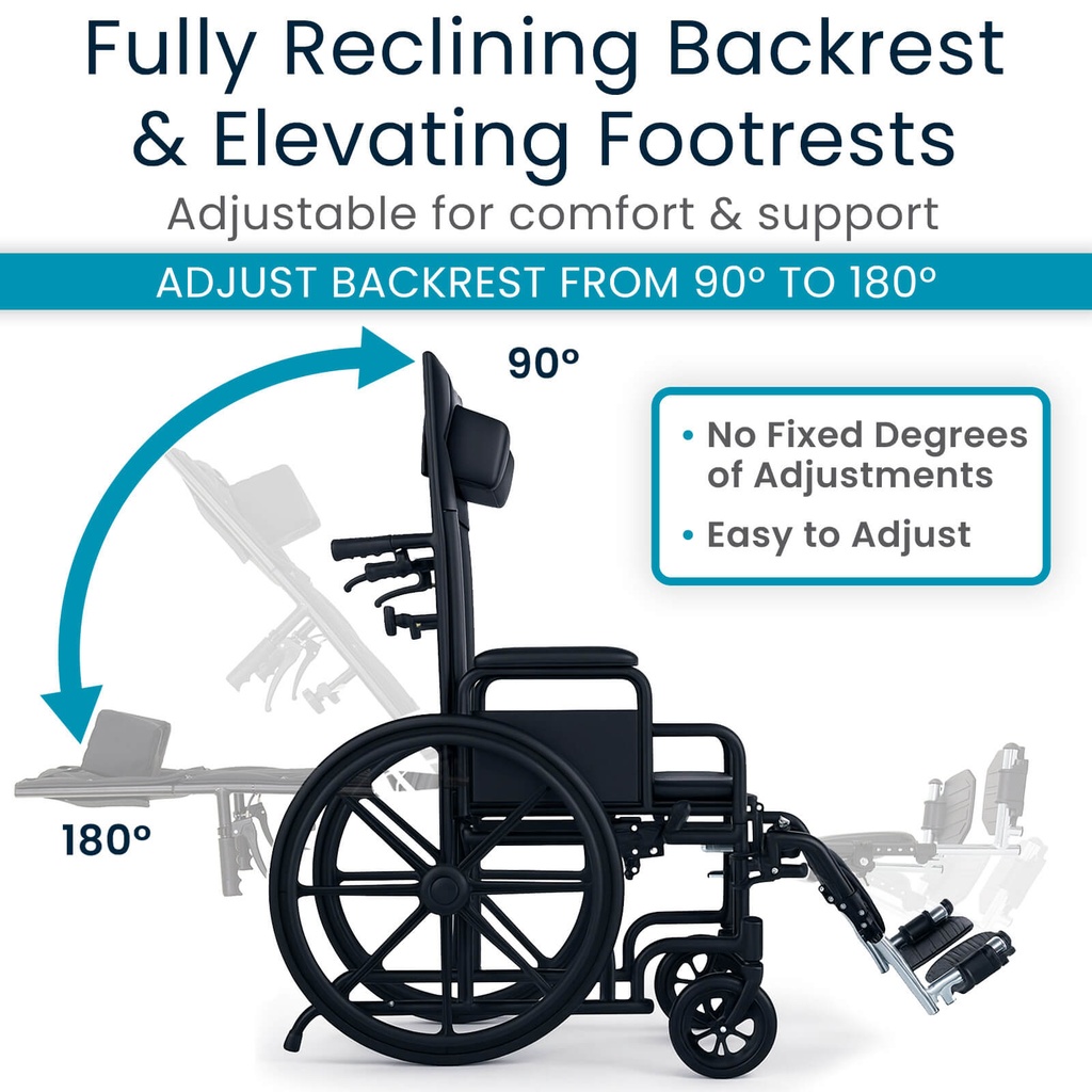 Reclining Wheelchair With Headrest (16"-18"-20", 300 lbs) VIVE MOB1103 - Image 5